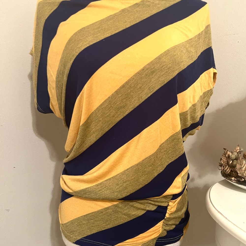 Chris and Carol size small blue and yellow striped knit top.
